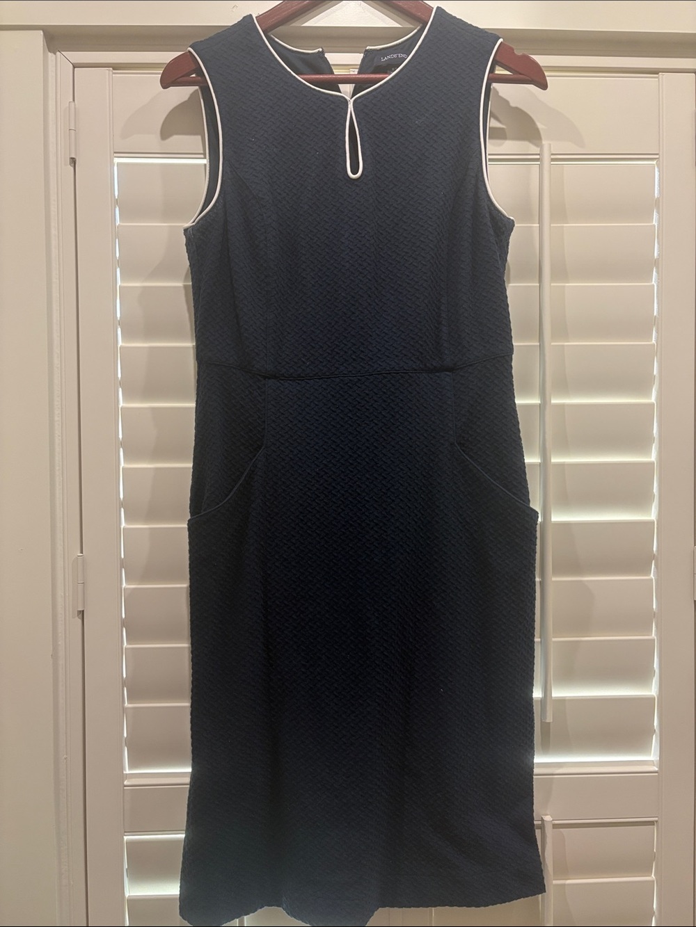 Lands' End Navy Sleeveless Midi Dress with White Piping